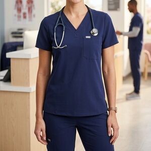 Navy Blue V-Neck Scrub Top-Figs